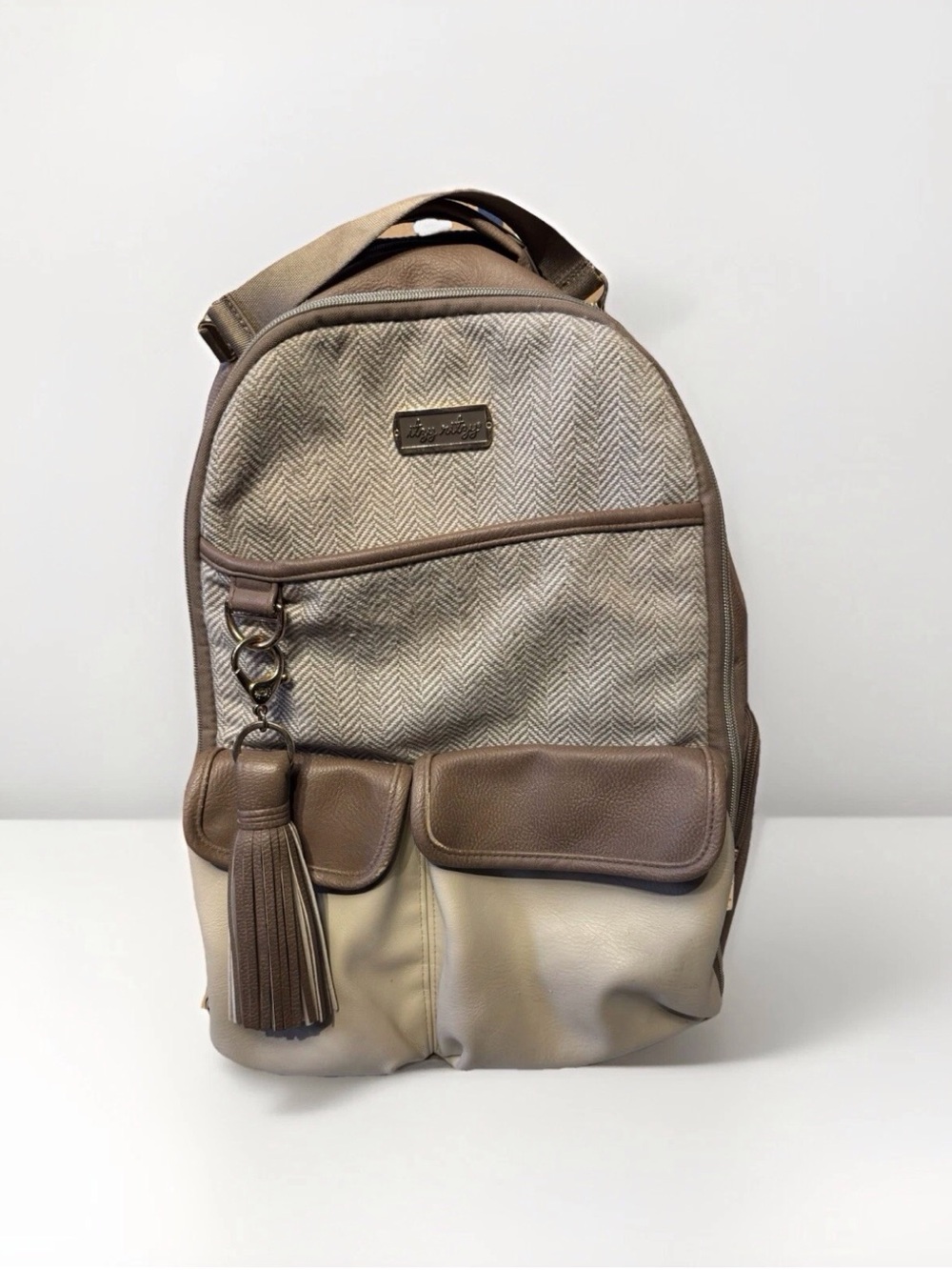 Itzy Ritzy Beige & Brown Herringbone Diaper Backpack with Tassel
